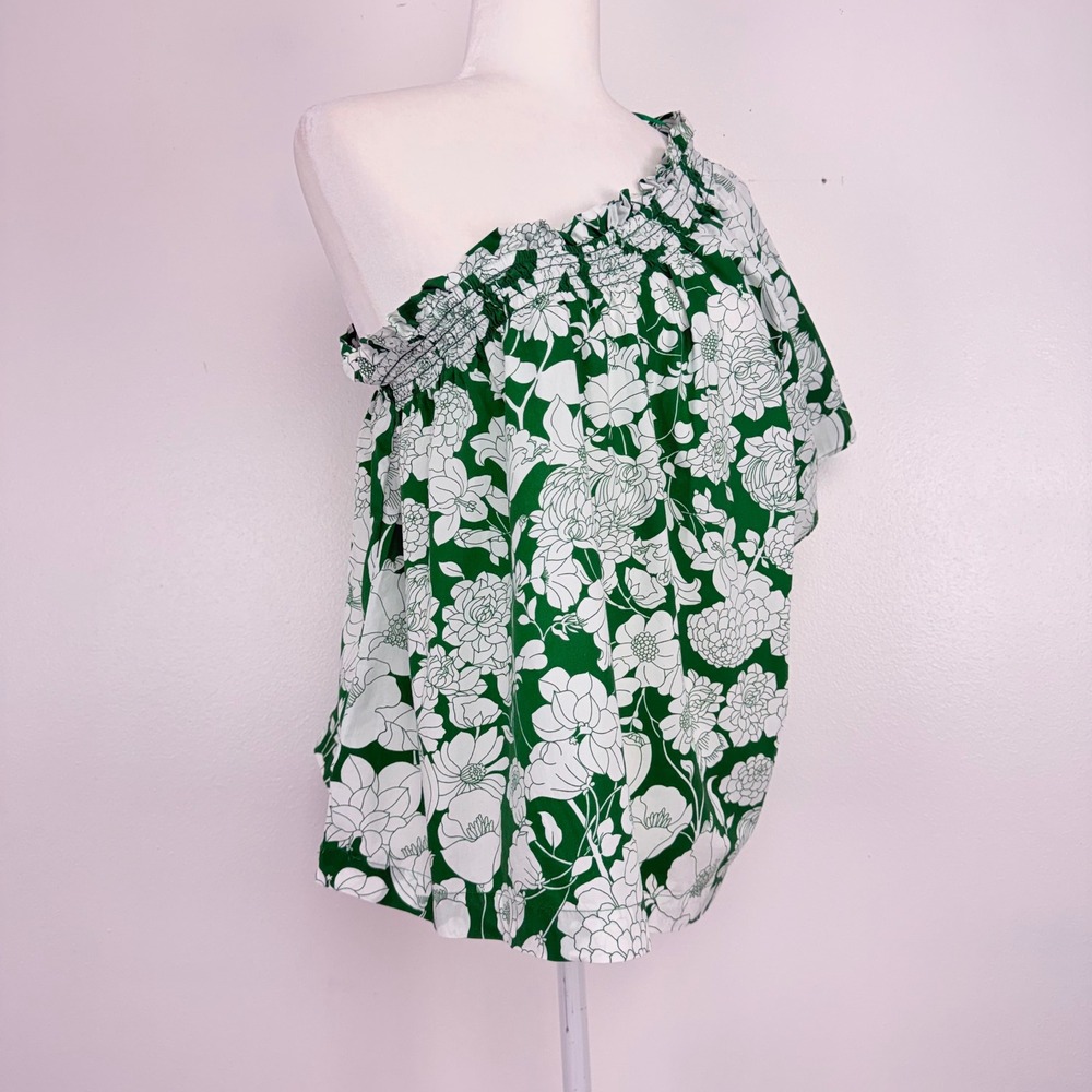 J.Crew One Shoulder Floral Top L Kelly Green Smocked Cotton Poplin Cottagecore - Picture 4 of 14